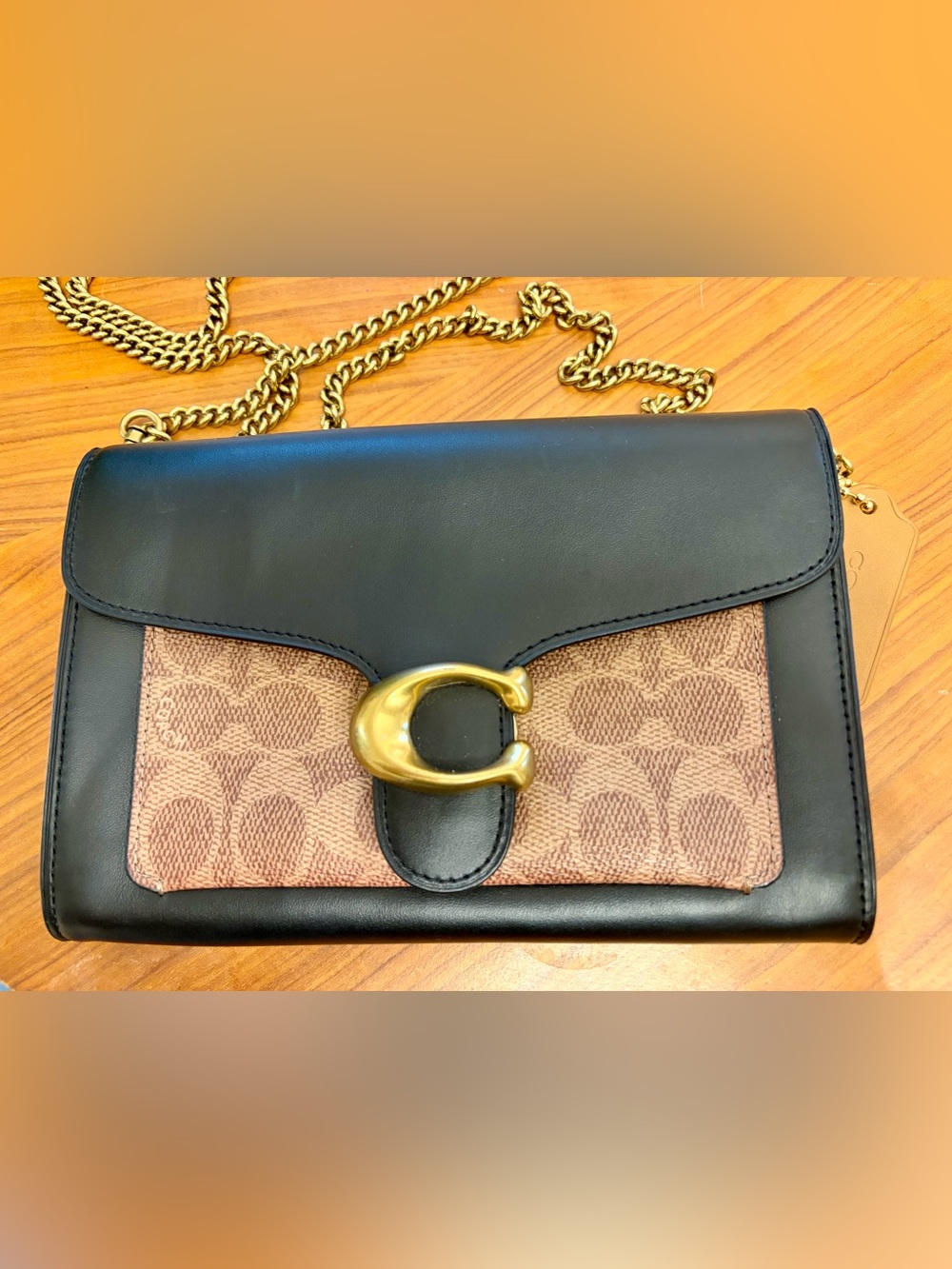 Coach Black Leather & Brown Signature C Shoulder Bag with Gold Chain